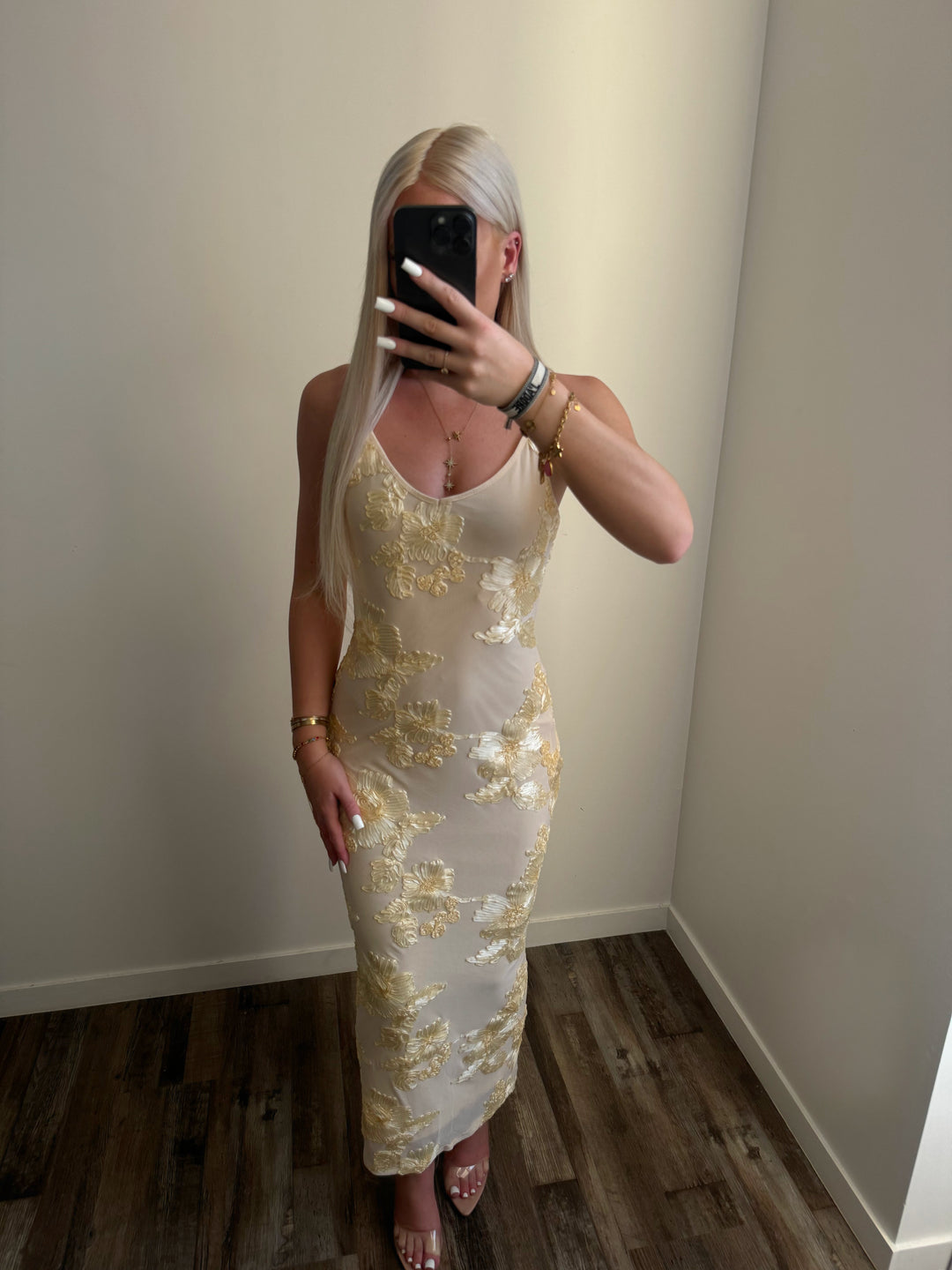 Robe longue glam beige