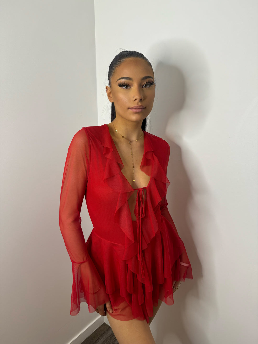 Robe mykonos à manche Longue rouge