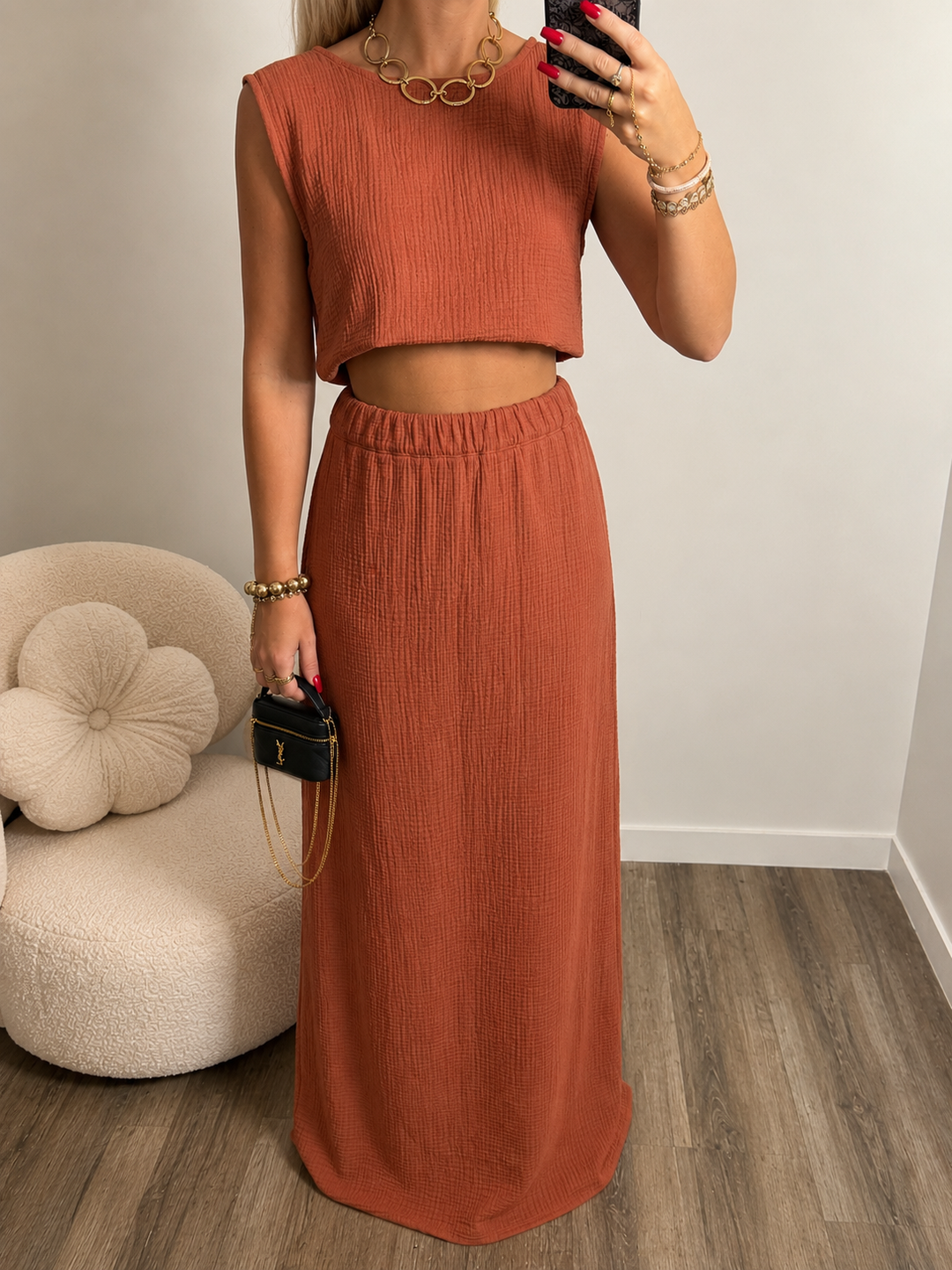 Ensemble jupe gaz de coton terracotta