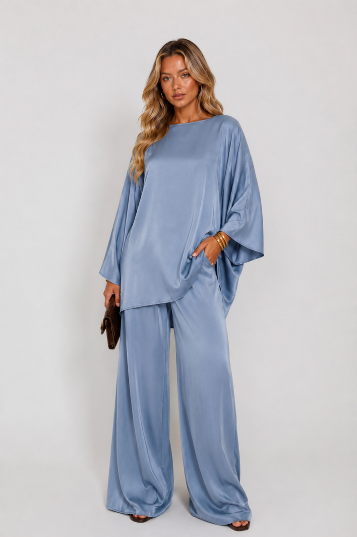 Ensemble satin manche longue bleu