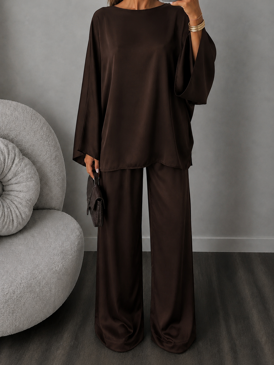 Ensemble satin manche longue marron