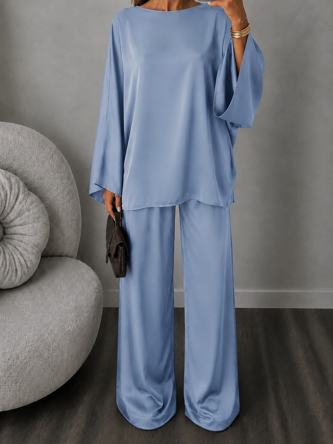 Ensemble satin manche longue bleu