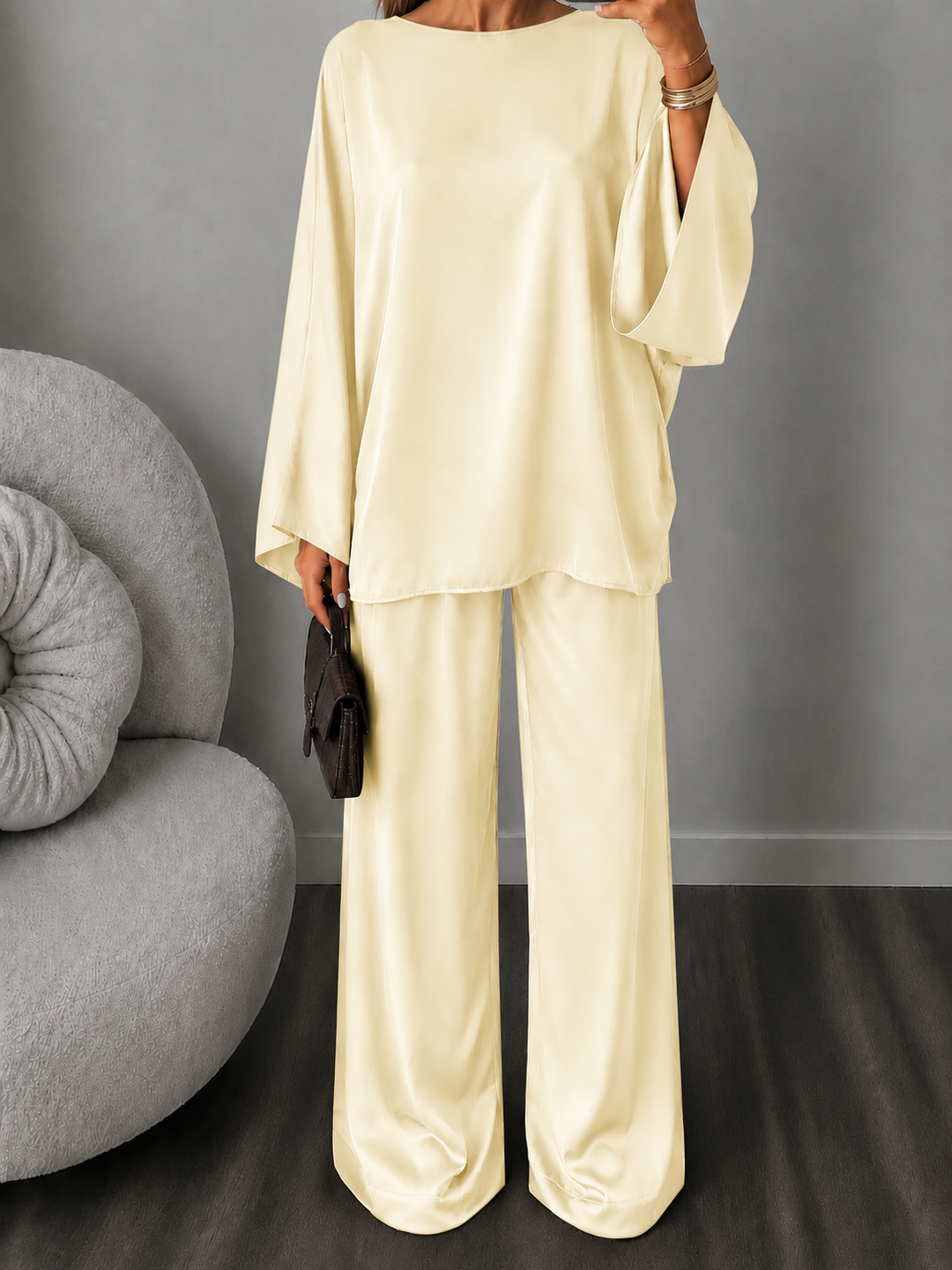 Ensemble satin manche longue jaune